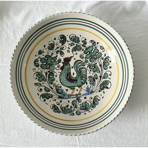 Vintage Deruta Italian Hand Painted Pottery Bowl Rooster Floral 13” Italy